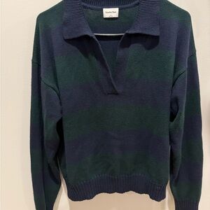 Sunday Best Navy and Forest Green Striped V-Neck Polo Sweater